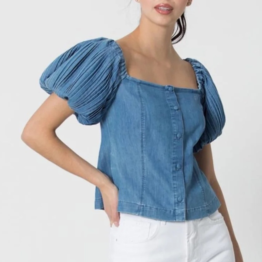 Chic Blue Pleated Puff Sleeve Denim Blouse
